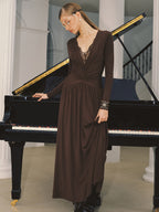 Lace V-Neck Ruched Maxi Dress