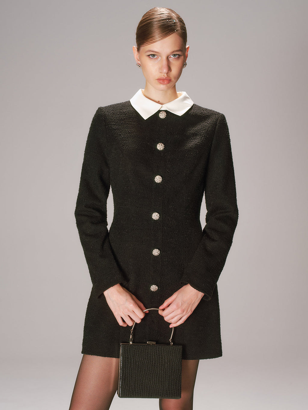Contrast Collar Tweed Mini Dress