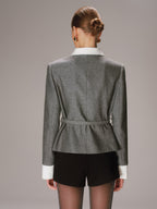 Belted Contrast Collar Tweed Blazer