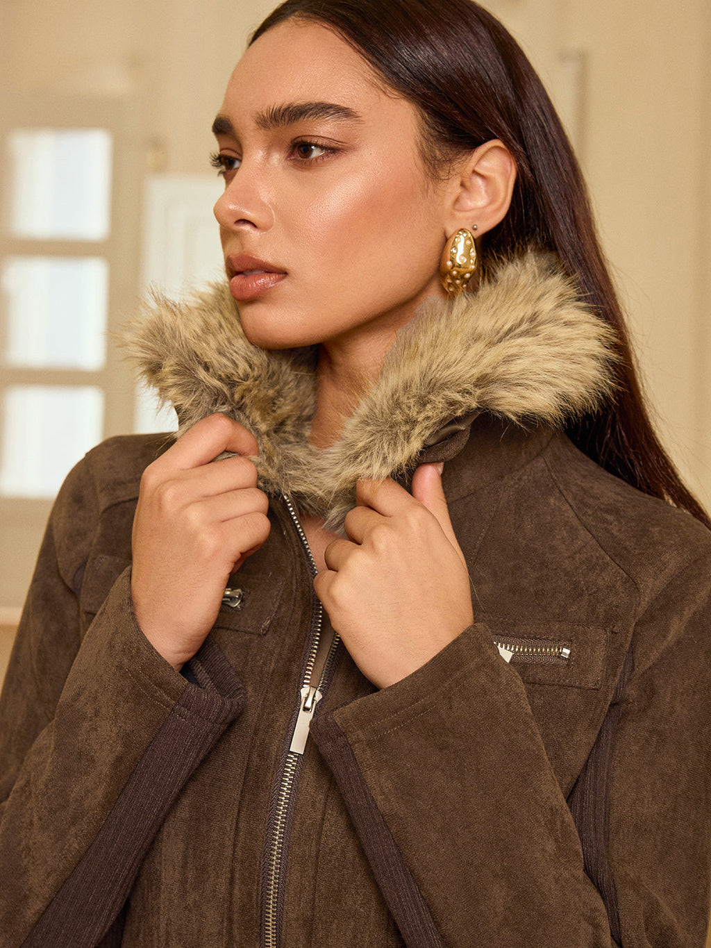 Faux Fur Collar Knit Panel Suede Effect Jacket