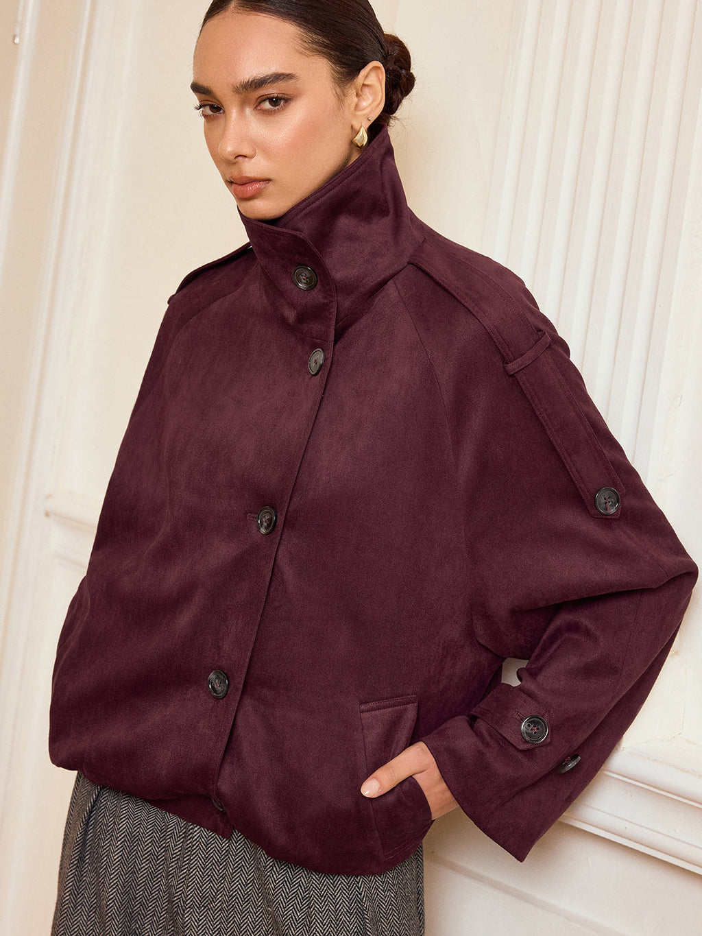 Suede Effect Cropped Trench Jacket