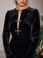 Velvet Long Sleeve Rhinestone Bow Dress