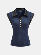 Faux Leather Panel Cable Knit Sleeveless Polo Top