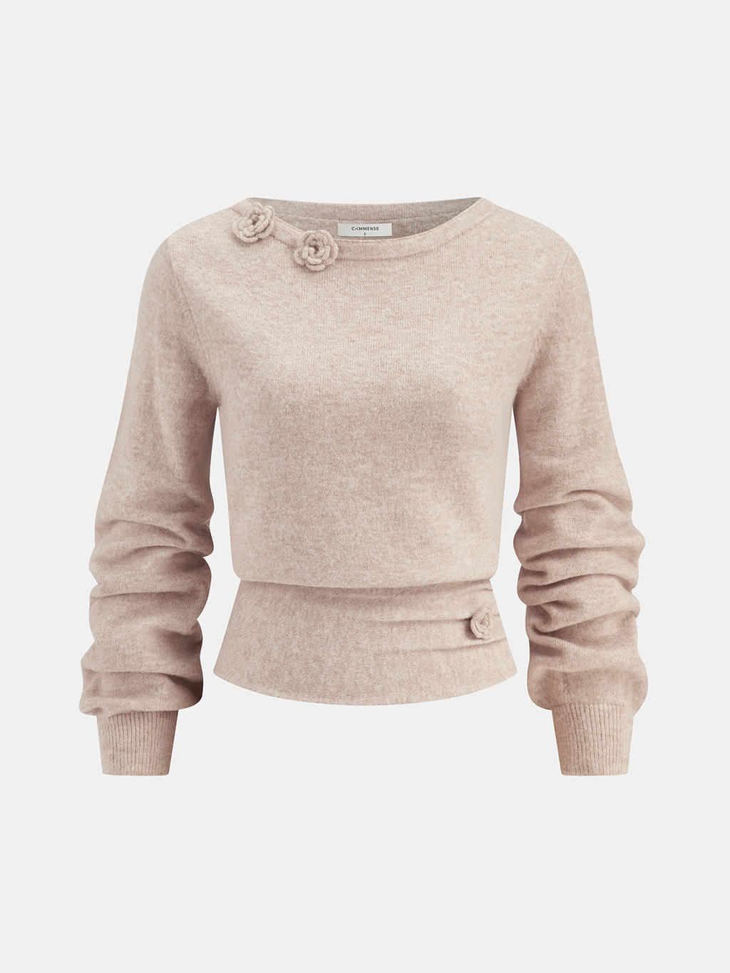 3D Floral Embellished Cinched-Waist Knit Top