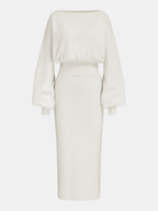 Waist-Defined Balloon-Sleeve Knit Midi Dress