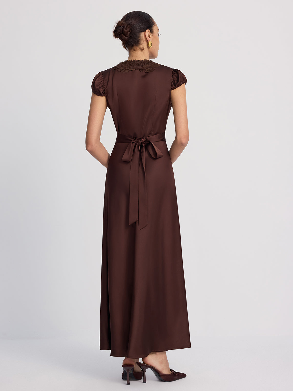 Lace-Trimmed Satin V-Neck Maxi Dress