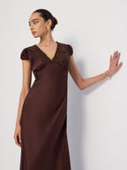 Lace-Trimmed Satin V-Neck Maxi Dress
