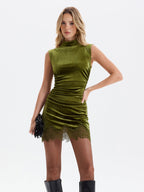 Lace-Trim Ruched Velvet Mini Dress
