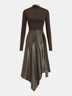 Faux Leather Paneled Knit Asymmetrical Dress