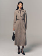 Belted Bow Neck Plaid Pleated Maxi Dress