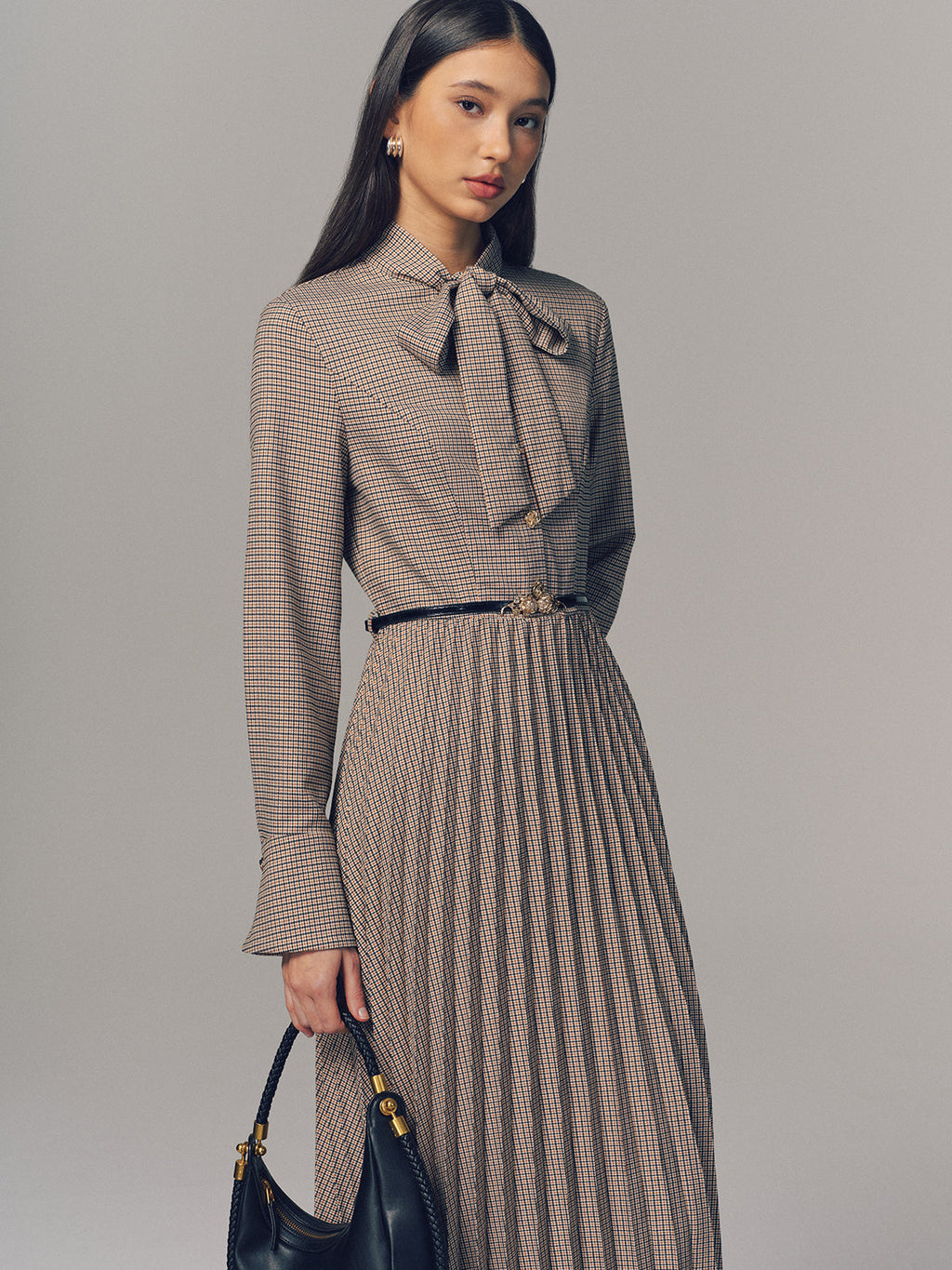 Belted Bow Neck Plaid Pleated Maxi Dress