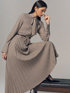 Belted Bow Neck Plaid Pleated Maxi Dress