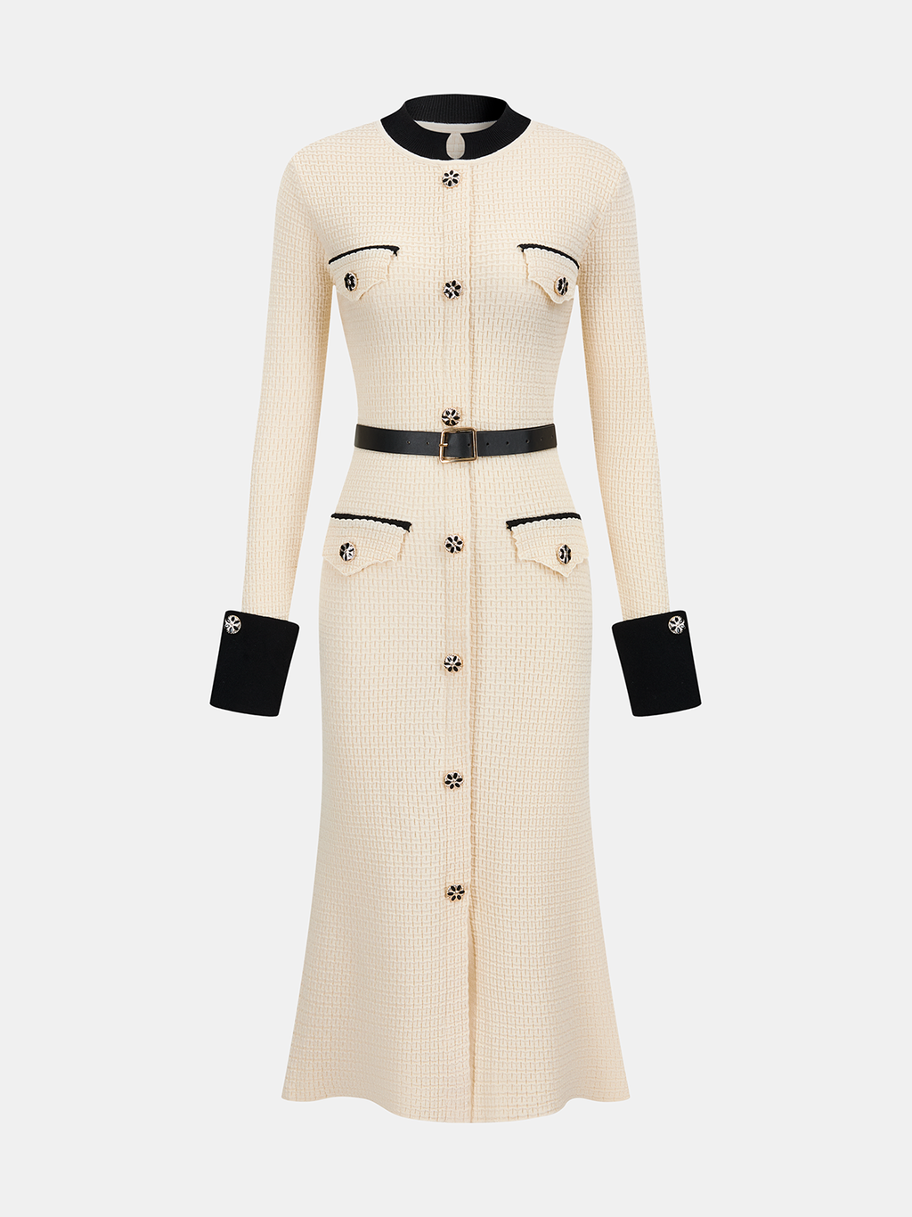 Contrast-Trim Button-Front Midi Dress with Belt