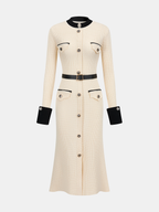 Contrast-Trim Button-Front Midi Dress with Belt
