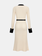 Contrast-Trim Button-Front Midi Dress with Belt