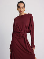 Long Sleeve Ruched Slit Maxi Dress