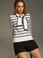 Wool-Blend Striped Knot-Collar Knit Top