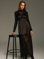 Satin-Lace Paneled Maxi Dress without Belt