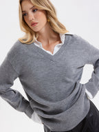 2 in 1 Shirt Panel Loose V-Neck Sweater