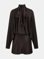Draped Satin Tie-Neck Mini Dress