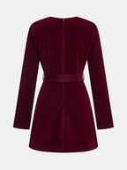 Pleated Panel Velvet Mini Dress with Belt