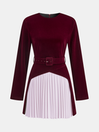 Pleated Panel Velvet Mini Dress with Belt