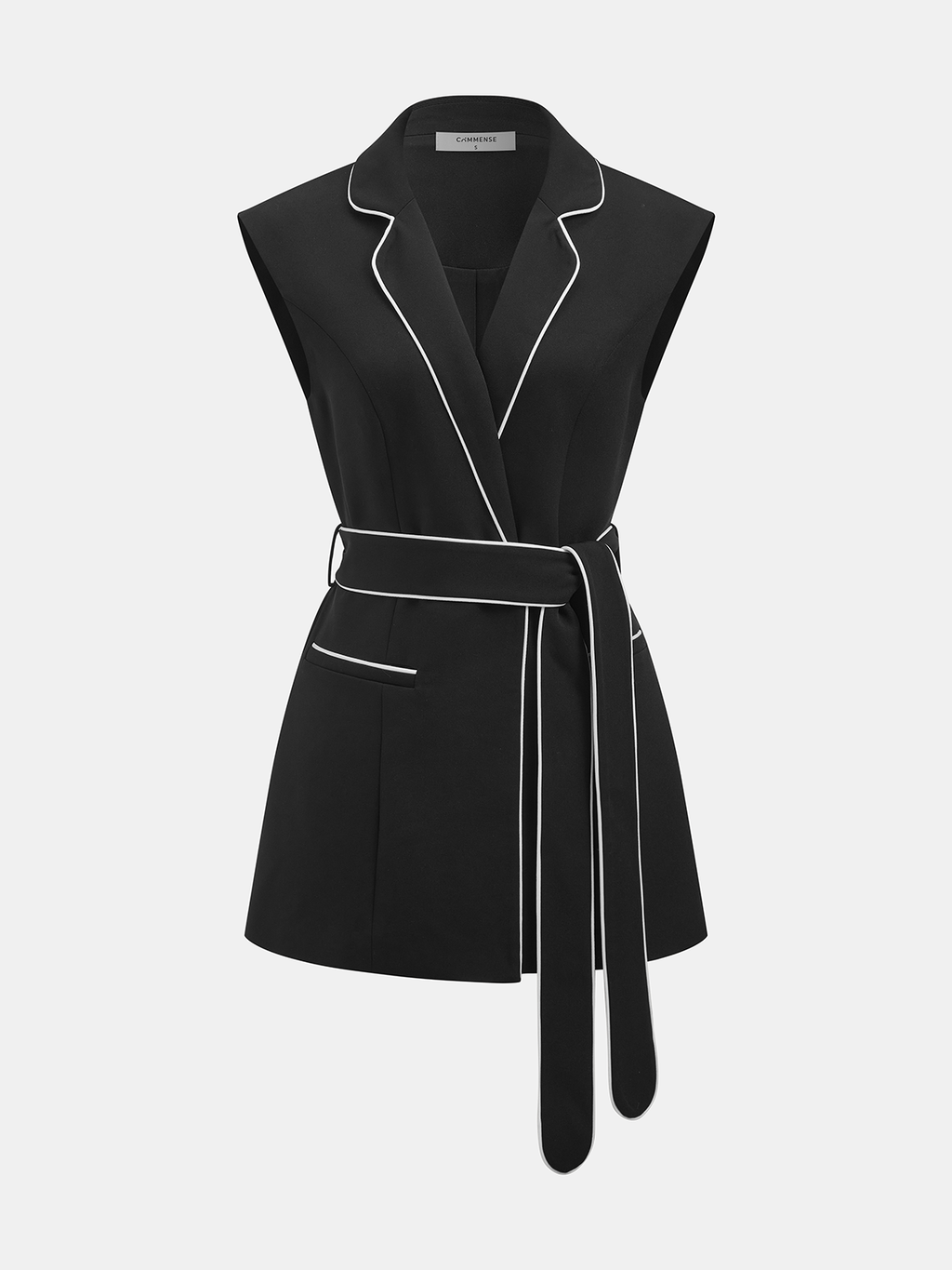 Contrast Piping Belted Sleeveless Blazer Vest