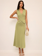 Metal Button Knit Vest & Midi Skirt Set
