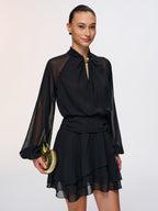 Metal Detail Semi-Sheer Chiffon Mini Dress