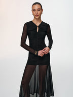 Semi-Sheer Mesh Ruched Keyhole-Neck Dress