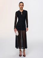 Semi-Sheer Mesh Ruched Keyhole-Neck Dress