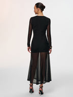 Semi-Sheer Mesh Ruched Keyhole-Neck Dress