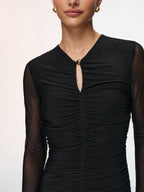 Semi-Sheer Mesh Ruched Keyhole-Neck Dress