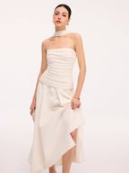 Asymmetrical Hem Ruched Halter Midi Dress