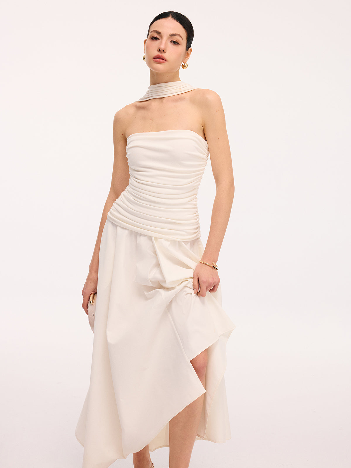 Asymmetrical Hem Ruched Halter Midi Dress