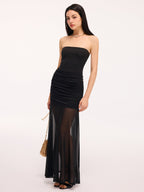 Mesh Panel Strapless Ruched Maxi Dress