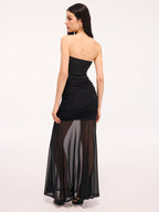 Mesh Panel Strapless Ruched Maxi Dress