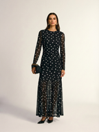 Polka Dot Sheer-Mesh Ruched Maxi Dress