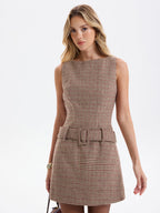 Sleeveless Belted Houndstooth Sheath Mini Dress