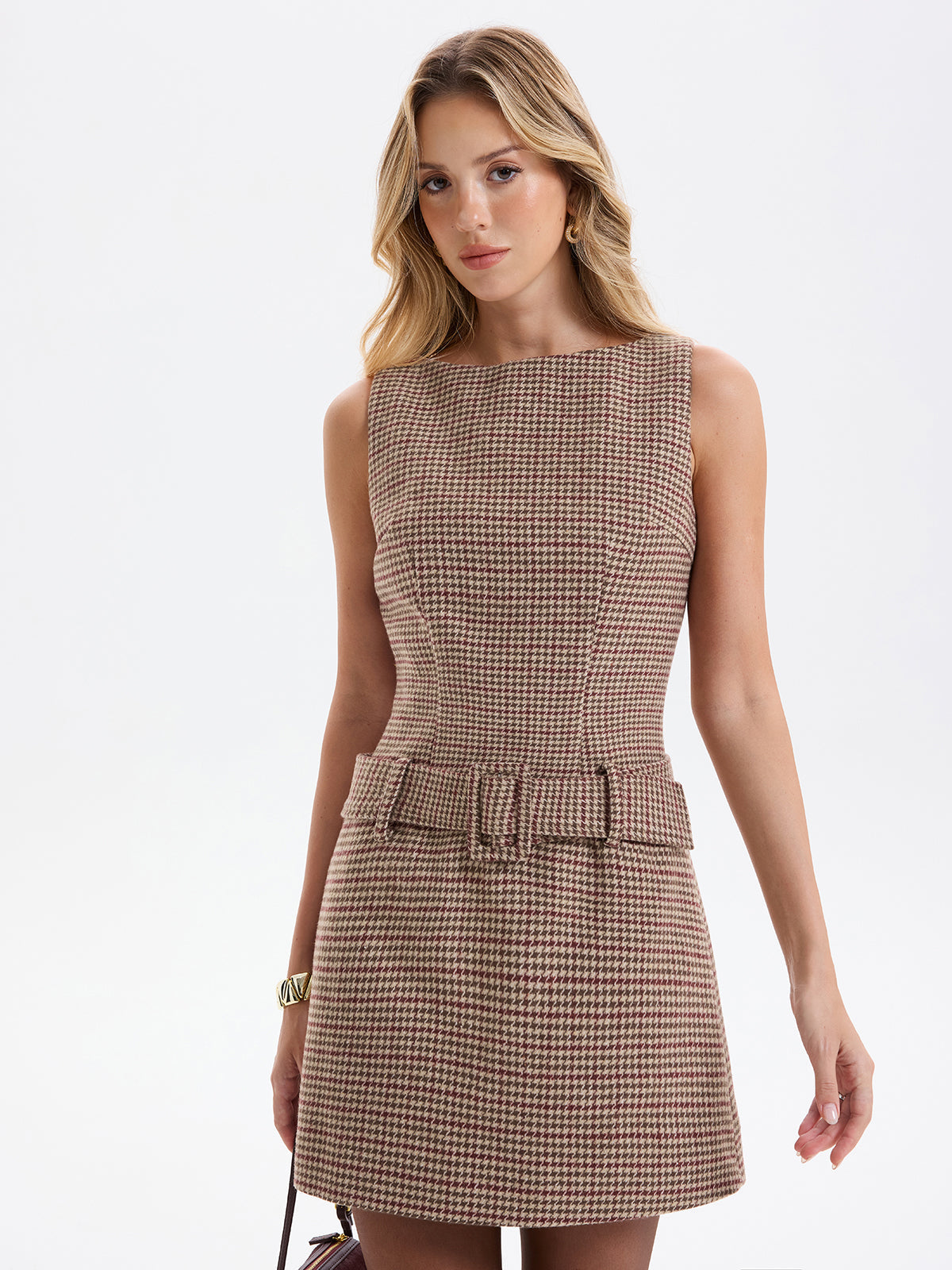 Sleeveless Belted Houndstooth Sheath Mini Dress
