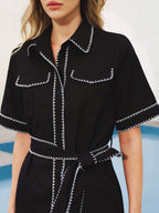 Contrast Stitch Belted Shirt Dress