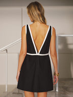 Contrast Trim V-Neck Linen-Blend Mini Dress
