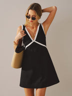 Contrast Trim V-Neck Linen-Blend Mini Dress