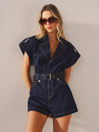 Denim Belted Collar Romper