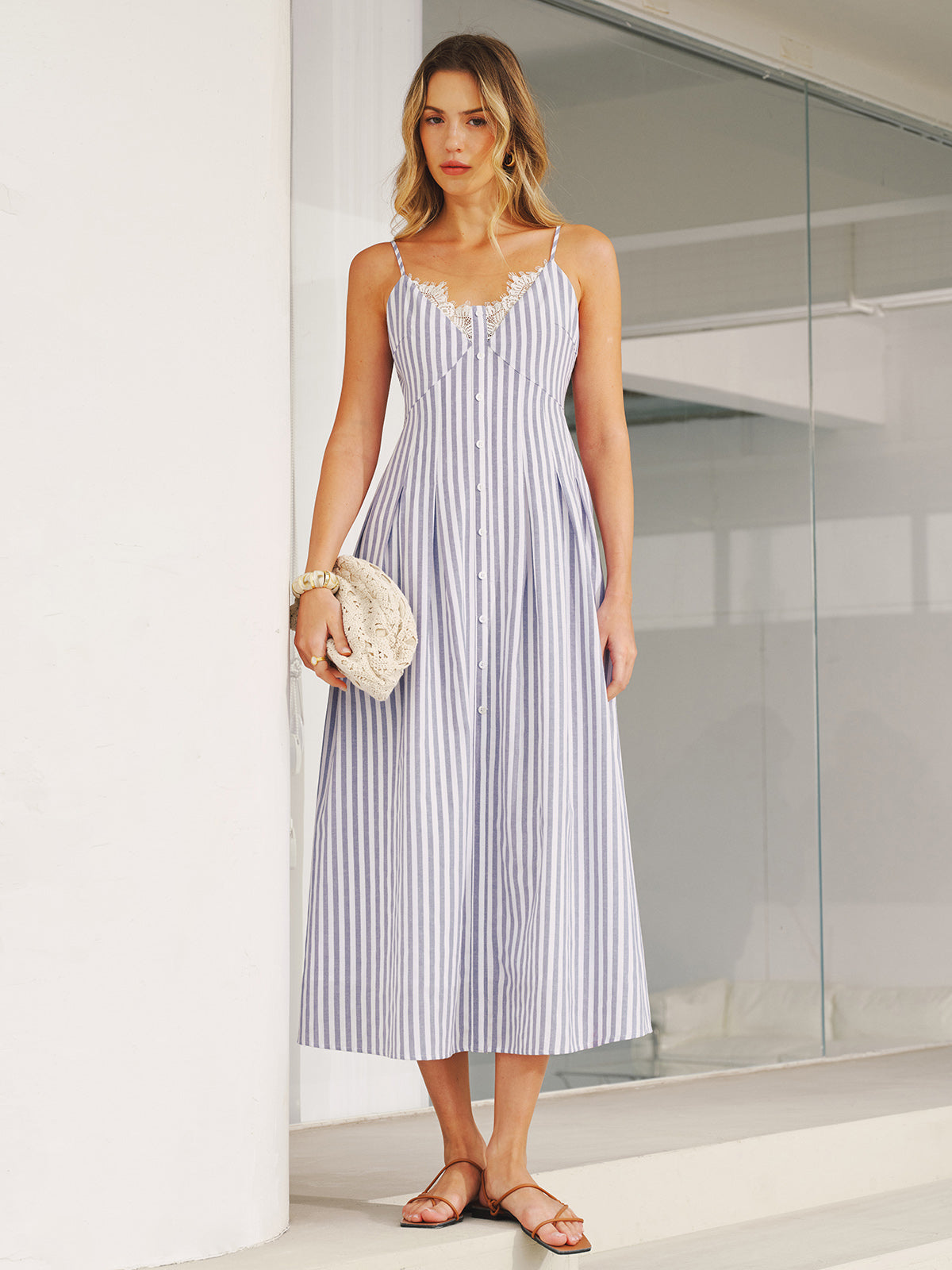 Lace Trim Striped Cami Maxi Dress