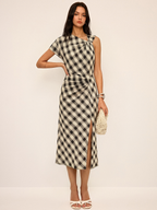 Plaid Asymmetric Slit Maxi Dress