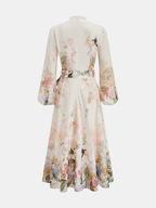 Floral Print Belted Puffed Sleeve Maxi Dress