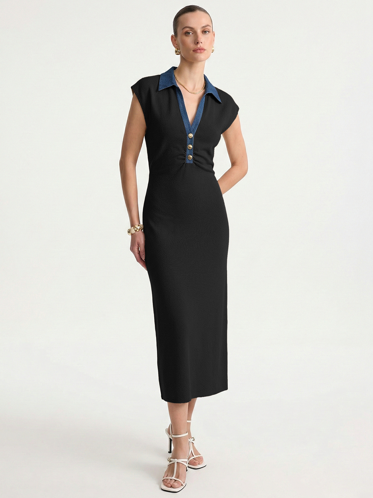 Denim Collar Sleeveless Maxi Dress