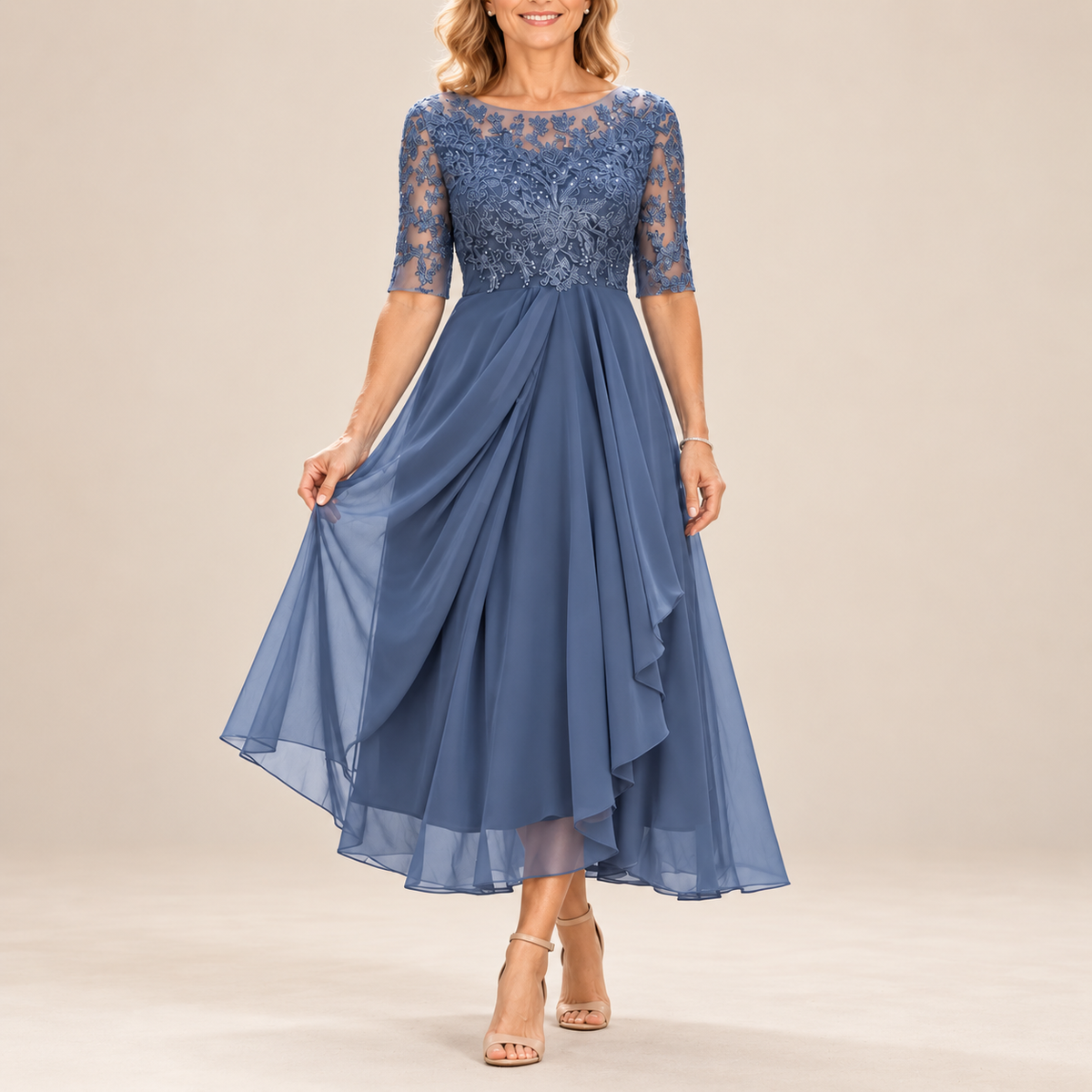 Avi | Lace Bodice Draped Midi Dress