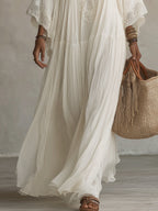 Celeste | Long ivory chiffon dress with batwing sleeves and white lace